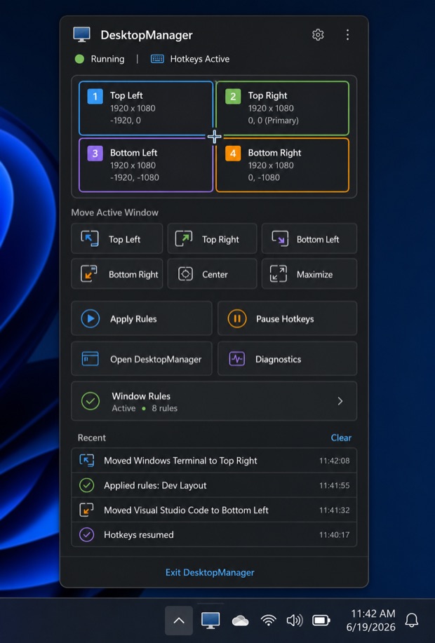 Design mockup of the planned DesktopManager tray flyout: a four-monitor map, buttons that move the active window, Apply Rules, Pause Hotkeys and recent activity.