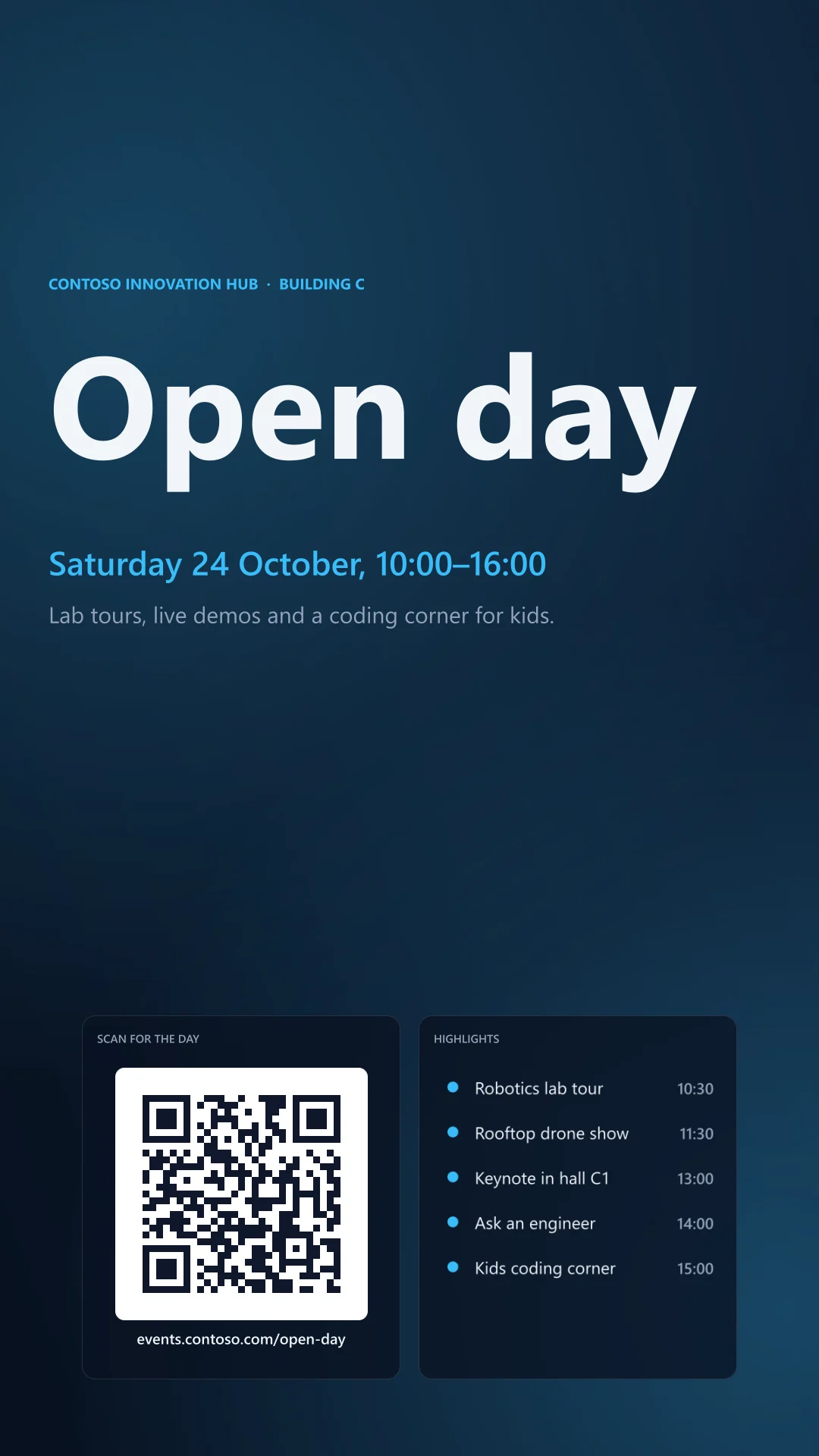 The signage wallpaper at 1080 x 1920: Open day in large type with its date, and the QR code and the highlights in two cards at the foot of the portrait screen. Dark theme.